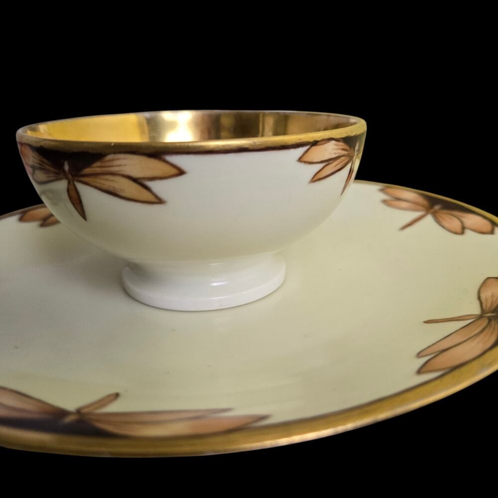 Vintage Limoges Plate Tea Cup Set Dragonfly Print In‎ Gold Tone. Rare